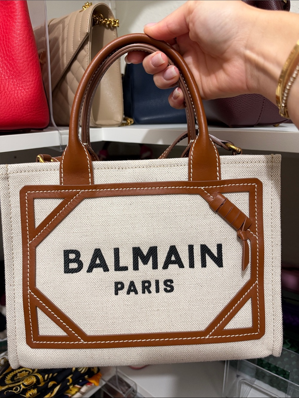 Balmain Paris Beige Canvas Tote with Brown Leather Trim